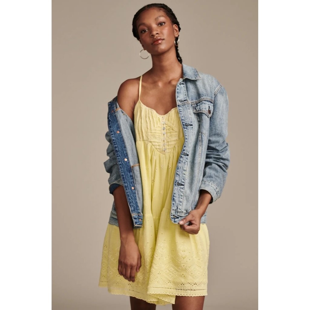 Lucky Brand Pintuck Bodice Tiered Mini Dress Lemon Yellow Size Xl Msrp 119